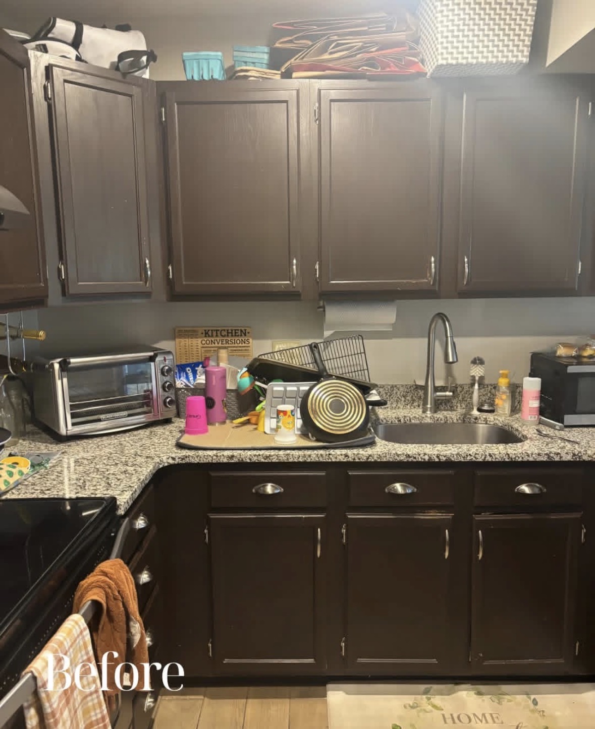 Original dark cabinets and countertop before renovation