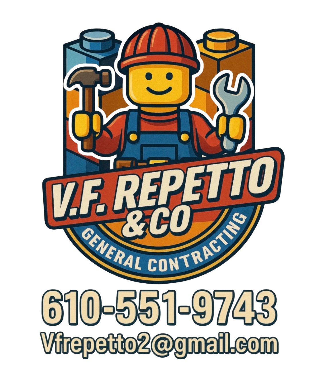 V F Repetto & Co General Contracting logo featuring a contractor mascot, phone number, and email address